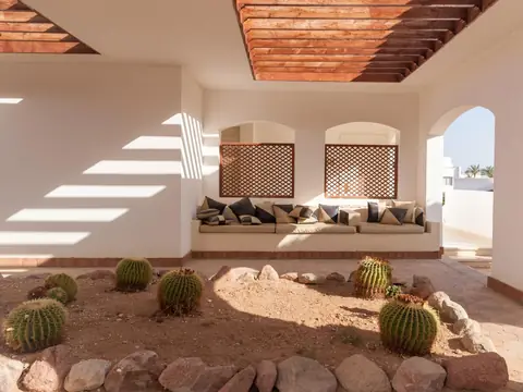 A covered patio with white stucco walls and arches under a flat roof with slatted wood openings, beside a gravel bed of barrel cactus