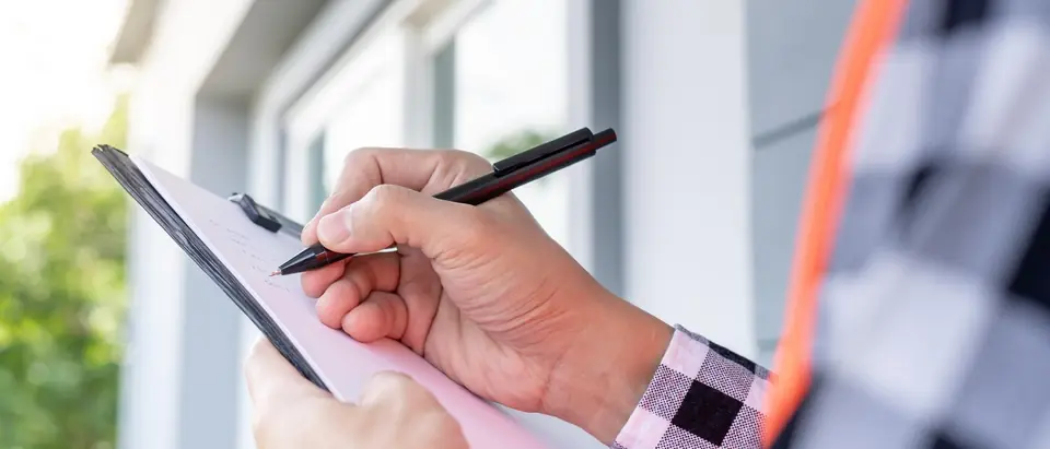 A hand writing with a pen on a clipboard held in front of a house